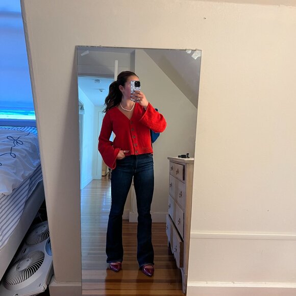 Anthropologie Women's Bell Sleeve Button Up Knit Cardigan Sweater RED S - Picture 3 of 3